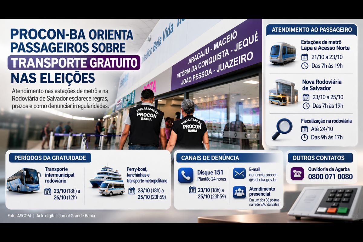 Operação Vai e Vota oferece atendimento nas estações de metrô Lapa e Acesso Norte e na Nova Rodoviária de Salvador para esclarecer regras, horários e procedimentos de acesso à gratuidade no segundo turno eleitoral.