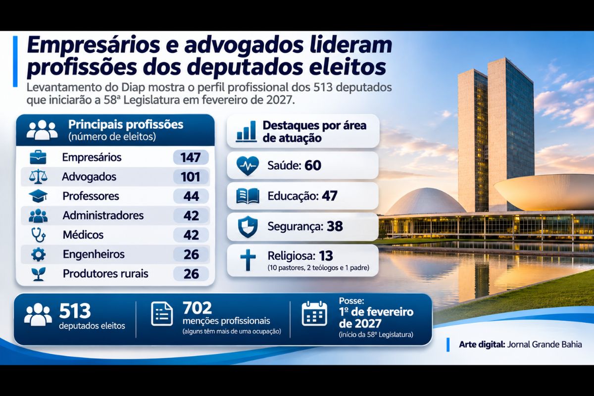 Levantamento do Departamento Intersindical de Assessoria Parlamentar identifica empresários e advogados como as principais categorias profissionais entre os 513 deputados que iniciarão a 58ª Legislatura em fevereiro de 2027.