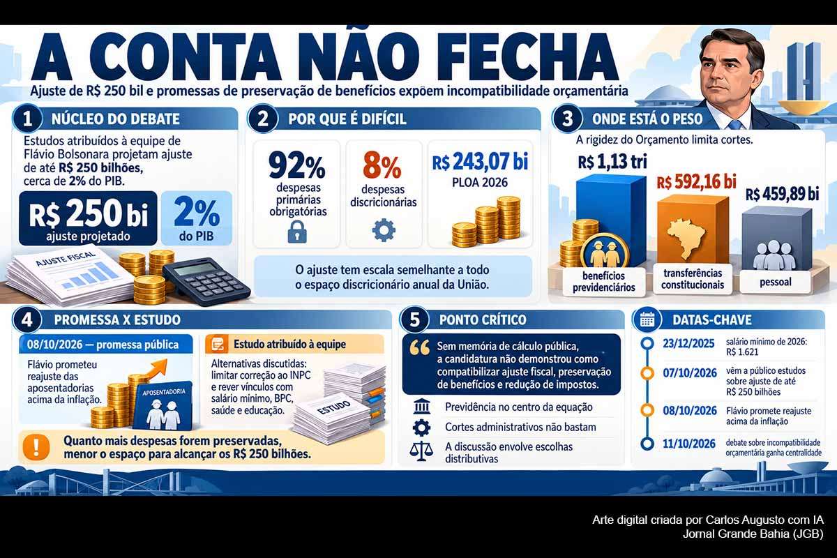 Estudos ligados à equipe econômica de Flávio Bolsonaro projetam ajuste fiscal de aproximadamente R$ 250 bilhões, mas a matemática do Orçamento expõe dificuldades para conciliar essa meta com reajustes reais das aposentadorias, preservação do BPC, programas sociais e redução de impostos. Como 92% das despesas primárias são obrigatórias, cortes administrativos isolados não alcançariam a escala anunciada. A candidatura ainda não apresentou memória de cálculo capaz de compatibilizar integralmente esses compromissos.