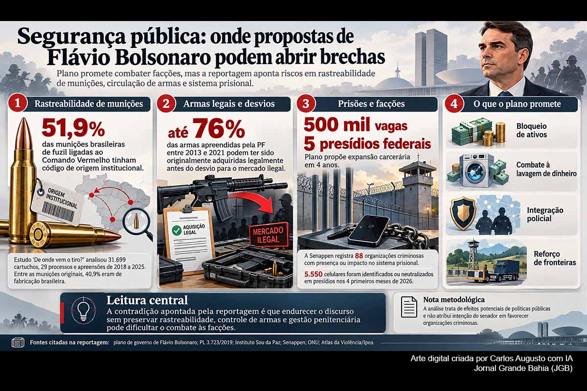 Estudo sobre munições do Comando Vermelho, dados penitenciários e normas internacionais revelam possíveis efeitos colaterais de medidas defendidas por Flávio Bolsonaro para segurança pública.