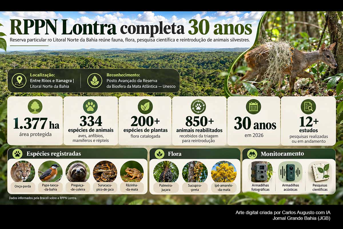A RPPN Lontra, área de 1.377 hectares entre Entre Rios e Itanagra, completa 30 anos em 2026. Segundo a Bracell, a reserva reúne 334 espécies de animais, mais de 200 espécies de plantas e já recebeu mais de 850 animais reabilitados. Reconhecida como Posto Avançado da Reserva da Biosfera da Mata Atlântica, a unidade também mantém monitoramento tecnológico e recebe pesquisas da Ufba, UFRB e outras instituições.