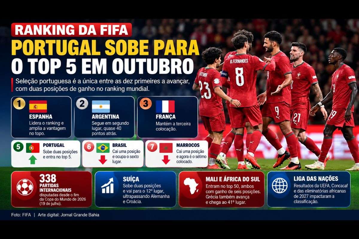 Seleção portuguesa é a única entre as dez primeiras a avançar, enquanto Argentina e França permanecem no pódio e Brasil cai para a sexta colocação.