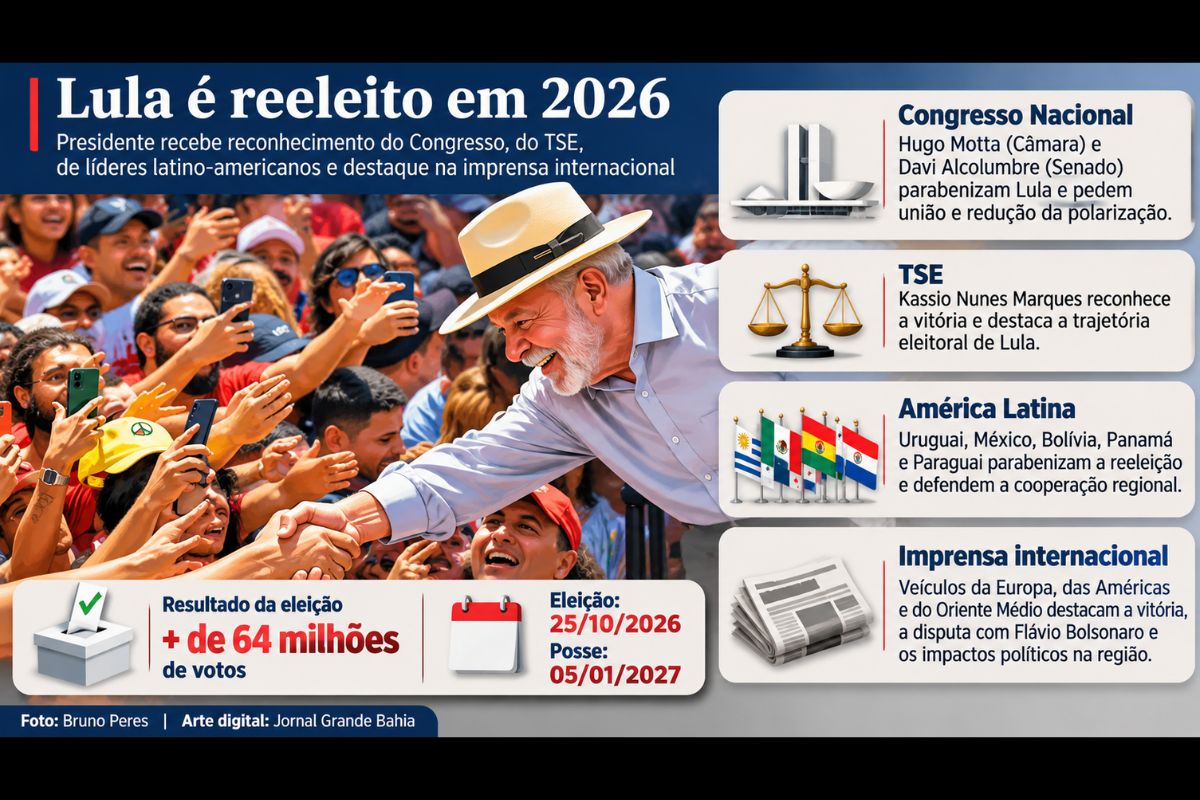 Hugo Motta, Davi Alcolumbre e Kassio Nunes Marques cumprimentaram o presidente reeleito, enquanto governos latino-americanos e jornais internacionais repercutiram o resultado das eleições brasileiras.
