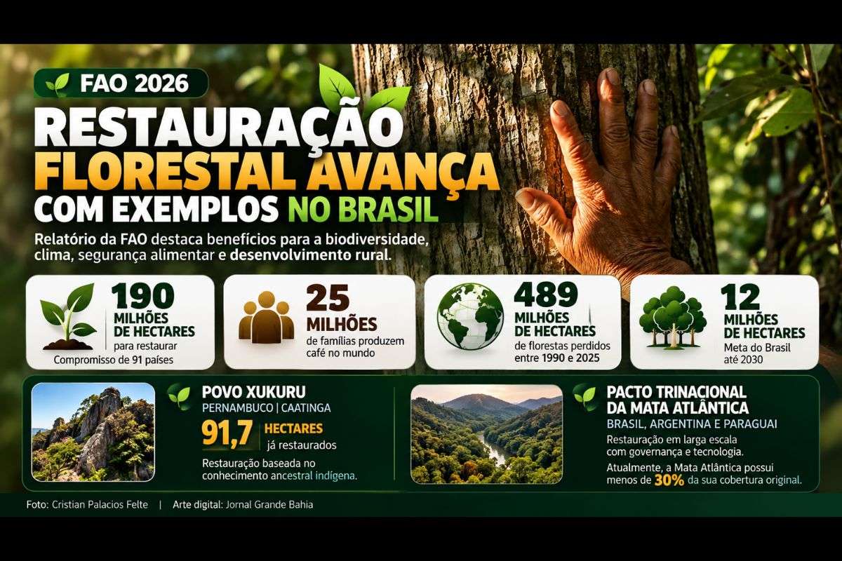 Relatório Estado das Florestas no Mundo 2026 reúne experiências brasileiras de restauração na Caatinga e na Mata Atlântica e alerta para a perda de 489 milhões de hectares de florestas desde 1990.