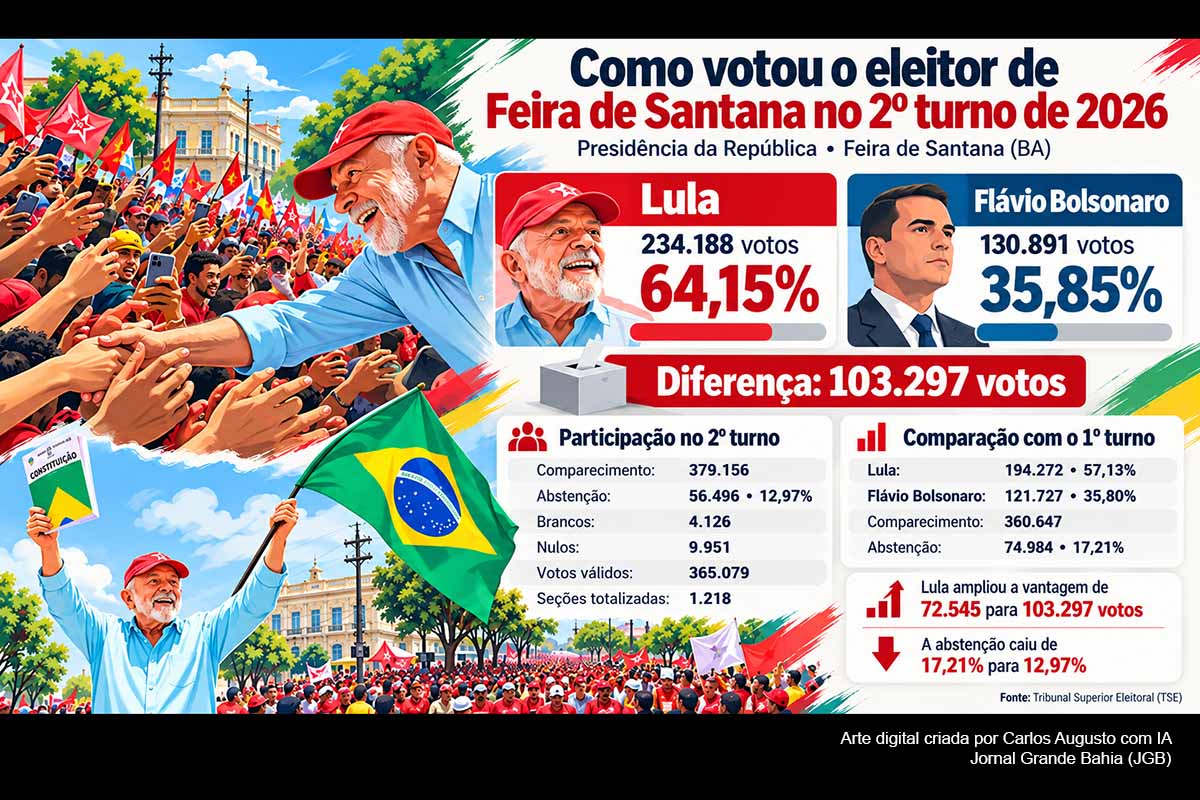 Feira de Santana deu 234.188 votos (64,15%) a Lula e 130.891 (35,85%) a Flávio Bolsonaro no segundo turno das Eleições 2026. A vantagem chegou a 103.297 votos. O comparecimento cresceu para 379.156 eleitores e a abstenção caiu de 17,21% para 12,97%. Brancos e nulos também recuaram, elevando os votos válidos e reforçando a importância da participação eleitoral no resultado municipal.