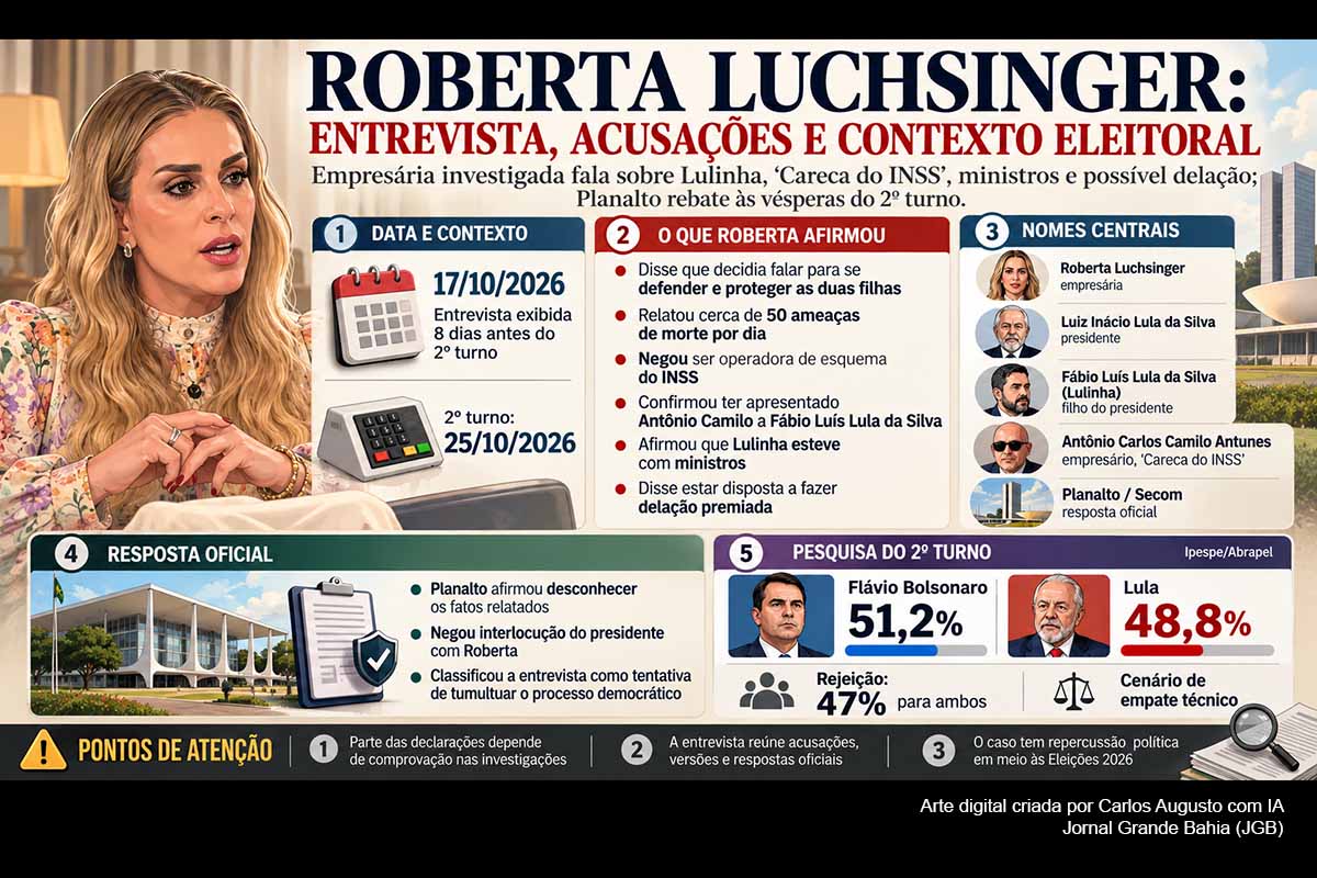 Roberta Luchsinger concedeu entrevista à CNN oito dias antes do segundo turno presidencial, acusou Lula de mentir, relatou encontros de Lulinha com ministros, anunciou intenção de colaborar com a Justiça e citou negócios envolvendo o “Careca do INSS”, Marcola e a Mota-Engil. A checagem mostra fatos já documentados, mas também imprecisões, contradições internas e acusações ainda sem comprovação independente, enquanto Planalto e defesa de Lulinha negam irregularidades.