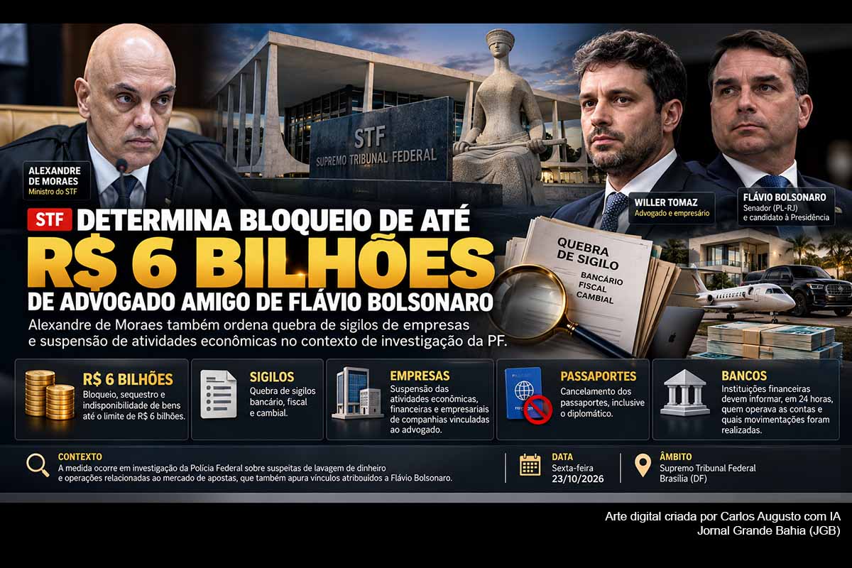 O ministro Alexandre de Moraes determinou o bloqueio de até R$ 6 bilhões de Willer Tomaz, quebra de sigilos, cancelamento de passaportes e suspensão de empresas. A PF investiga movimentações relacionadas a apostas e vínculos empresariais e bancários que alcançam referências a Flávio Bolsonaro. Ambos negam negócios irregulares. Bancos deverão revelar operadores das contas, enquanto a investigação busca esclarecer origem dos recursos, poderes de movimentação e eventuais beneficiários.