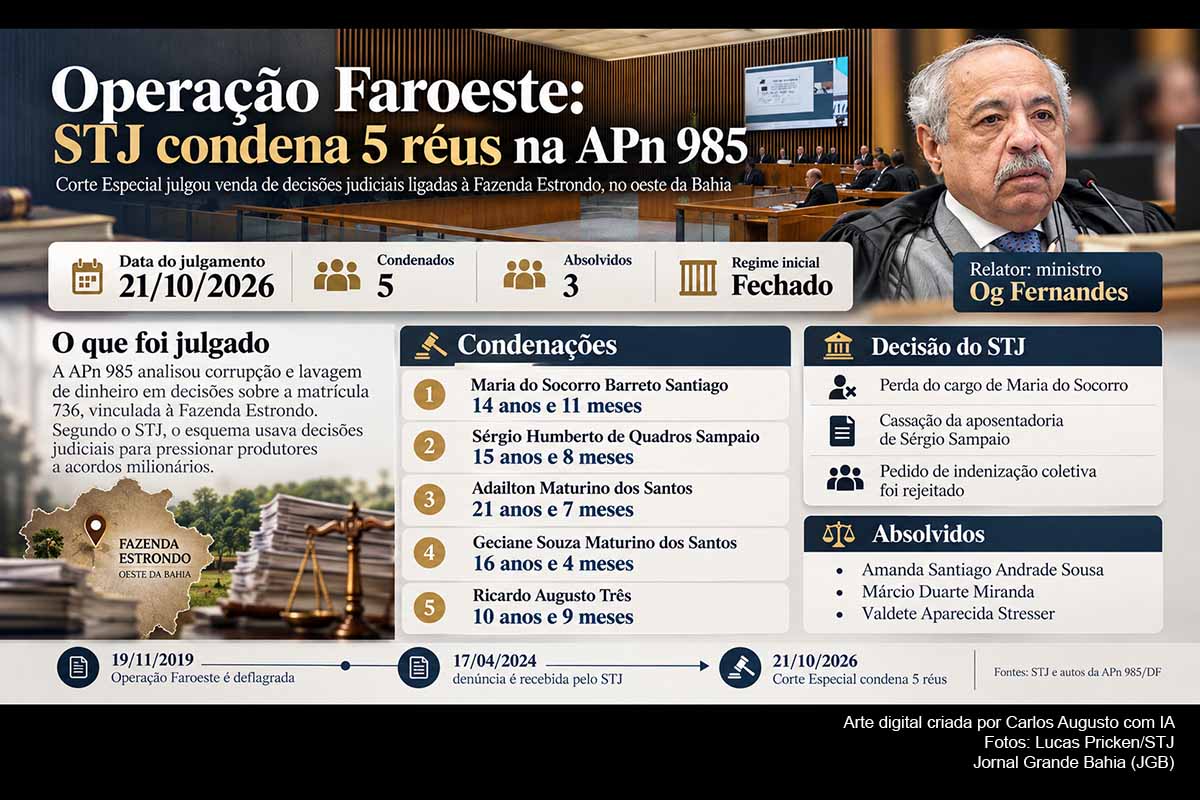 A Corte Especial do STJ condenou cinco réus e absolveu três na APn 985, primeiro julgamento de mérito de uma ação penal da Operação Faroeste. Maria do Socorro, Sérgio Sampaio, Adailton Maturino, Geciane Maturino e Ricardo Três receberam penas de 10 anos e 9 meses a 21 anos e 7 meses por corrupção e lavagem. Recursos, publicação do acórdão e efeitos das condenações deverão ser acompanhados.