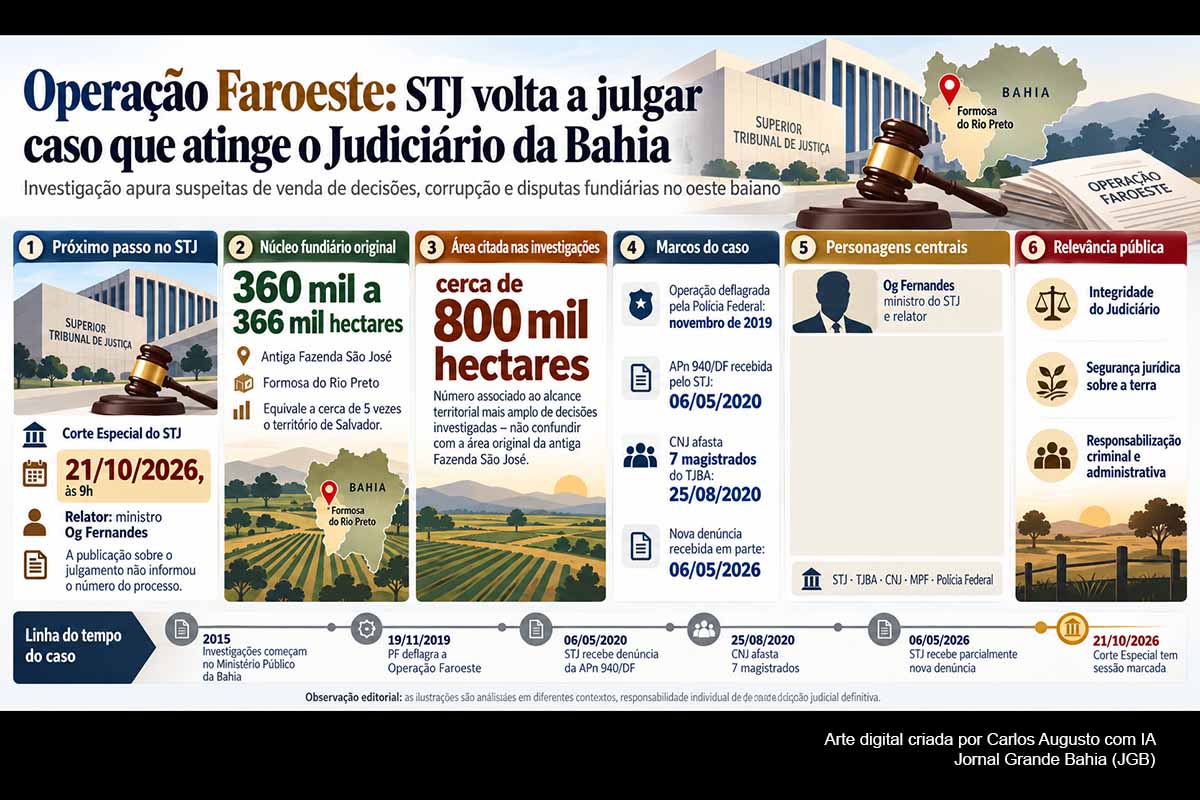 O STJ deve julgar novo processo relacionado à Operação Faroeste, investigação sobre suspeitas de corrupção e venda de decisões judiciais no oeste da Bahia. O núcleo histórico do caso envolve aproximadamente 360 mil a 366 mil hectares da antiga Fazenda São José, área equivalente a cerca de cinco vezes Salvador. Apurações posteriores ampliaram para aproximadamente 800 mil hectares o universo territorial relacionado aos fatos investigados.