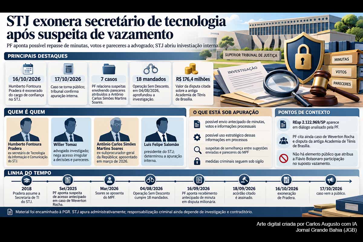 O STJ exonerou Humberto Fontoura Pradera, então secretário de Tecnologia da Informação e Comunicação, após relatório da PF apontar possíveis repasses de informações e minutas ao advogado Willer Tomaz, amigo de Flávio Bolsonaro. A investigação envolve ainda o ex-subprocurador Antônio Carlos Simões Martins Soares e processos nos quais teria ocorrido acesso antecipado a informações. Os envolvidos negam irregularidades, enquanto STJ, PF e Ministério Público aprofundam as apurações.