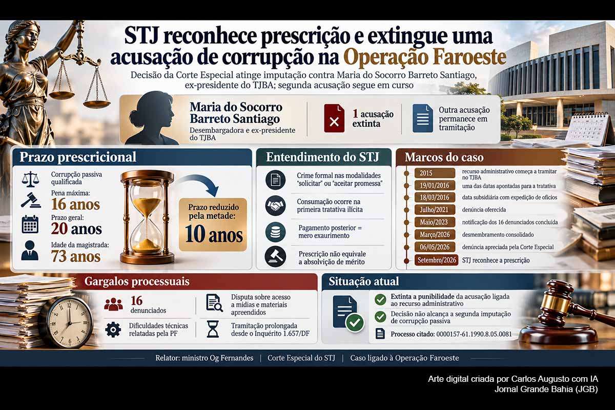 A Corte Especial do STJ reconheceu a prescrição e extinguiu uma imputação de corrupção passiva qualificada contra Maria do Socorro Barreto Santiago, ex-presidente do TJBA, na Operação Faroeste. O prazo foi reduzido para 10 anos e se esgotou antes do recebimento da denúncia, em 06/05/2026. A decisão não representa absolvição de mérito e não alcança outra acusação de corrupção que permanece em tramitação.