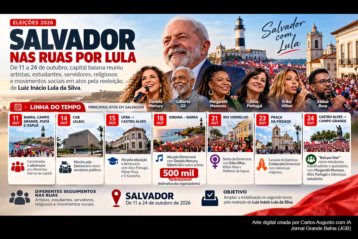 Salvador registrou uma sequência de mobilizações pela reeleição de Lula durante o segundo turno das Eleições 2026. Atos reuniram Daniela Mercury, Gilberto Gil, Margareth Menezes, Alice Portugal, Érika Hilton, Kléber Rosa, estudantes, servidores, artistas, religiosos e movimentos sociais.