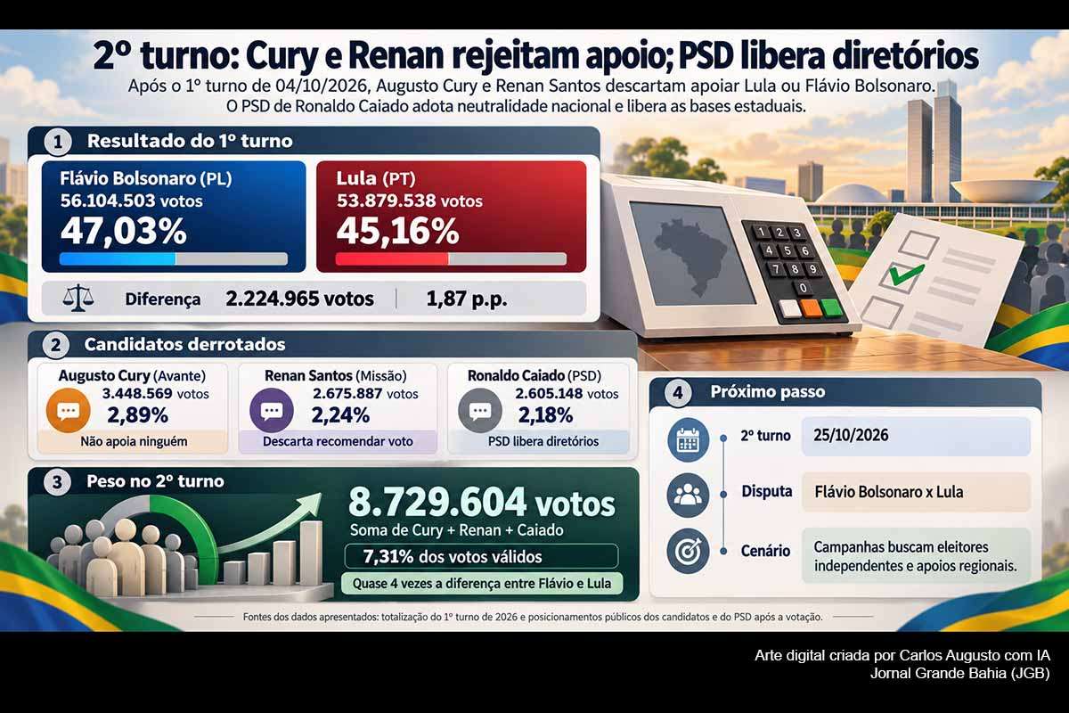 Após o primeiro turno presidencial de 2026, Augusto Cury e Renan Santos descartaram apoio a Lula ou Flávio Bolsonaro, enquanto o PSD de Ronaldo Caiado liberou suas bases. Os três somaram 8,73 milhões de votos, diante de uma diferença de 2,22 milhões entre os finalistas. A neutralidade amplia a disputa direta pelo eleitorado independente antes do segundo turno marcado pelo TSE para 25/10/2026.