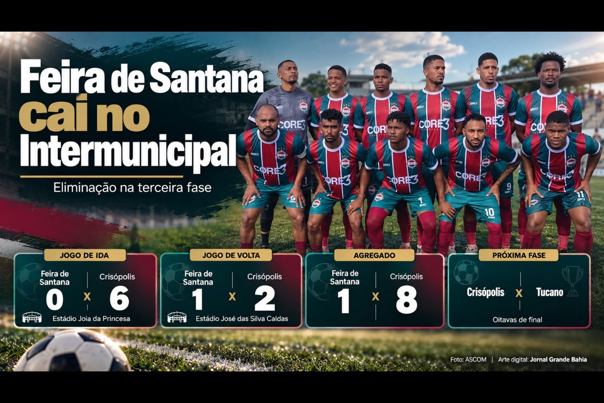 Equipe feirense perde por 2 a 1 no jogo de volta, soma placar agregado de 8 a 1 e encerra a participação na terceira fase do Campeonato Intermunicipal.