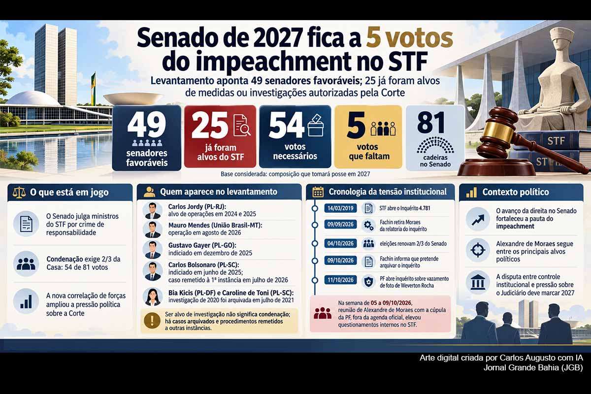 O Senado que assume em 2027 deverá reunir 49 parlamentares favoráveis ao impeachment de ministros do STF, cinco abaixo dos 54 votos necessários para condenação. Levantamento aponta que 25 já foram alvo de investigações, ações ou medidas autorizadas pela Corte. O avanço ocorre enquanto Edson Fachin encaminha o fim do inquérito das fake news e novos episódios envolvendo Alexandre de Moraes, Polícia Federal e investigações sigilosas ampliam a tensão institucional.