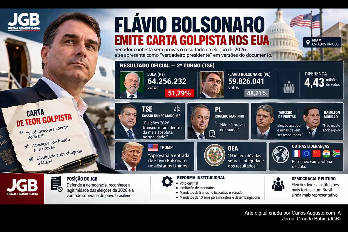 Flávio Bolsonaro divulgou carta nos Estados Unidos contestando a eleição de 2026; TSE, OEA e integrantes do próprio campo político rejeitaram a tese de fraude. 