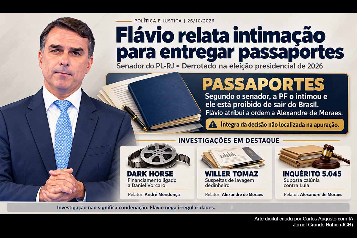 Flávio Bolsonaro (PL-RJ) afirmou ter sido intimado pela Polícia Federal a entregar seus passaportes após a derrota nas Eleições 2026. O senador atribuiu a ordem a Alexandre de Moraes. As investigações envolvem o financiamento do filme Dark Horse, relações financeiras com Willer Tomaz e suposta calúnia contra Lula. A íntegra da decisão não foi localizada na apuração.