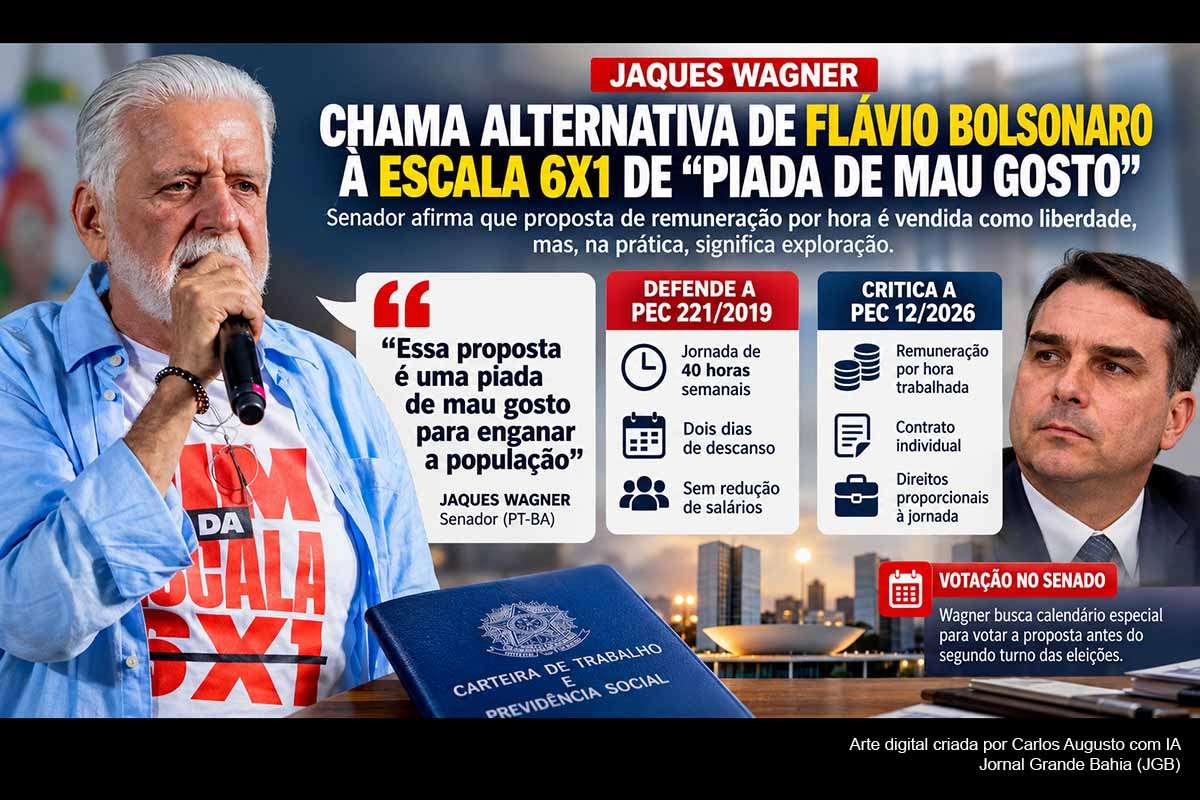 O senador Jaques Wagner (PT-BA) criticou a PEC 12/2026, subscrita por Flávio Bolsonaro, que permite remuneração proporcional às horas trabalhadas, e defendeu acelerar a PEC 221/2019, destinada a extinguir a escala 6x1, reduzir a jornada para 40 horas semanais e assegurar dois dias de descanso. O Senado discute um calendário especial, enquanto governo e oposição divergem sobre o ritmo da votação.