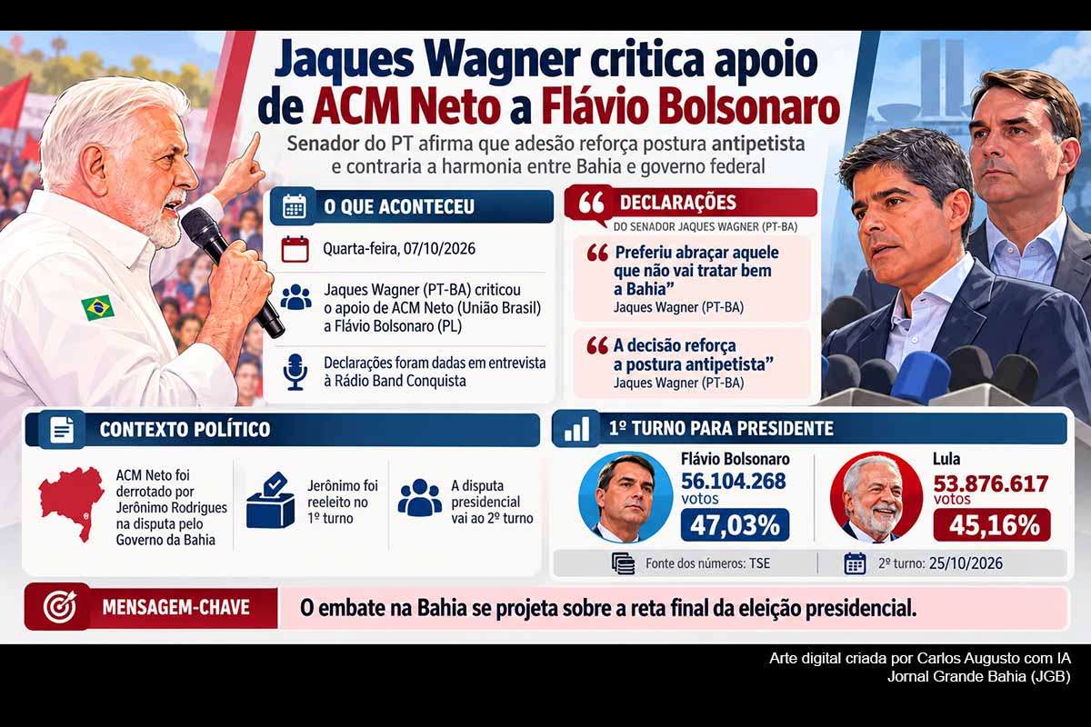 O senador reeleito Jaques Wagner (PT) criticou o apoio de ACM Neto a Flávio Bolsonaro no segundo turno presidencial e atribuiu a decisão ao antagonismo político com o PT. As declarações ocorrem após a reeleição de Jerônimo Rodrigues na Bahia e antes da votação de 25/10/2026. Flávio obteve 47,03% no primeiro turno nacional, contra 45,16% de Lula, segundo o TSE.