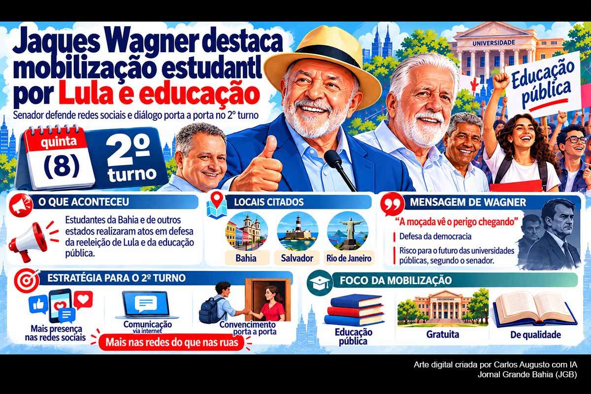 O senador Jaques Wagner destacou as mobilizações estudantis realizadas em Salvador, Rio de Janeiro e outras cidades em apoio à reeleição de Lula e à educação pública. Wagner afirmou que os atos refletem preocupação dos jovens com o futuro das universidades e defendeu ampliar a campanha nas redes sociais, sem abandonar o convencimento direto. O segundo turno presidencial entre Lula e Flávio Bolsonaro ocorre em 25/10/2026.O senador Jaques Wagner destacou as mobilizações estudantis realizadas em Salvador, Rio de Janeiro e outras cidades em apoio à reeleição de Lula e à educação pública. Wagner afirmou que os atos refletem preocupação dos jovens com o futuro das universidades e defendeu ampliar a campanha nas redes sociais, sem abandonar o convencimento direto. O segundo turno presidencial entre Lula e Flávio Bolsonaro ocorre em 25/10/2026.