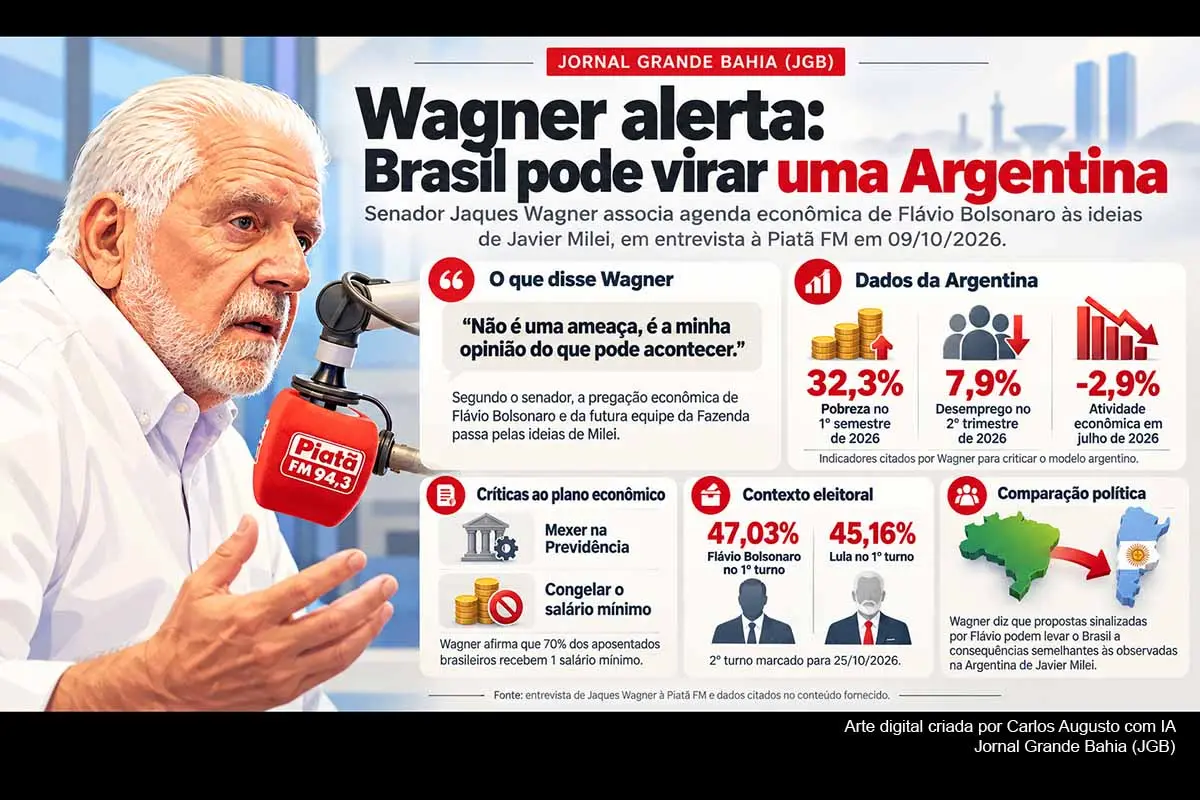 Senador reeleito pela Bahia associa propostas econômicas da candidatura de Flávio Bolsonaro à política de Javier Milei; dados argentinos mostram deterioração recente de indicadores, enquanto campanha do PL nega cortes em aposentadorias e no salário mínimo.