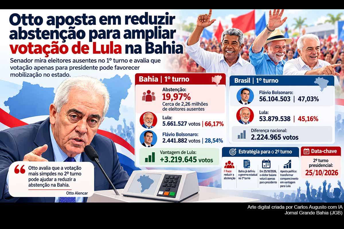 O senador Otto Alencar defende reduzir a abstenção de aproximadamente 20% registrada na Bahia para ampliar a votação de Lula no segundo turno contra Flávio Bolsonaro. Cerca de 2,26 milhões de baianos não votaram no primeiro turno. Lula abriu vantagem superior a 3,2 milhões de votos no estado, enquanto Flávio liderou nacionalmente. A mobilização envolve Jerônimo Rodrigues, Jaques Wagner, Rui Costa, prefeitos e demais aliados.