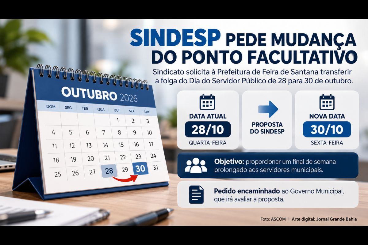 Sindicato presidido por Lorena Moura propõe transferir a folga de quarta-feira (28/10/2026) para sexta-feira (30/10/2026); Decisão depende do Governo Municipal.
