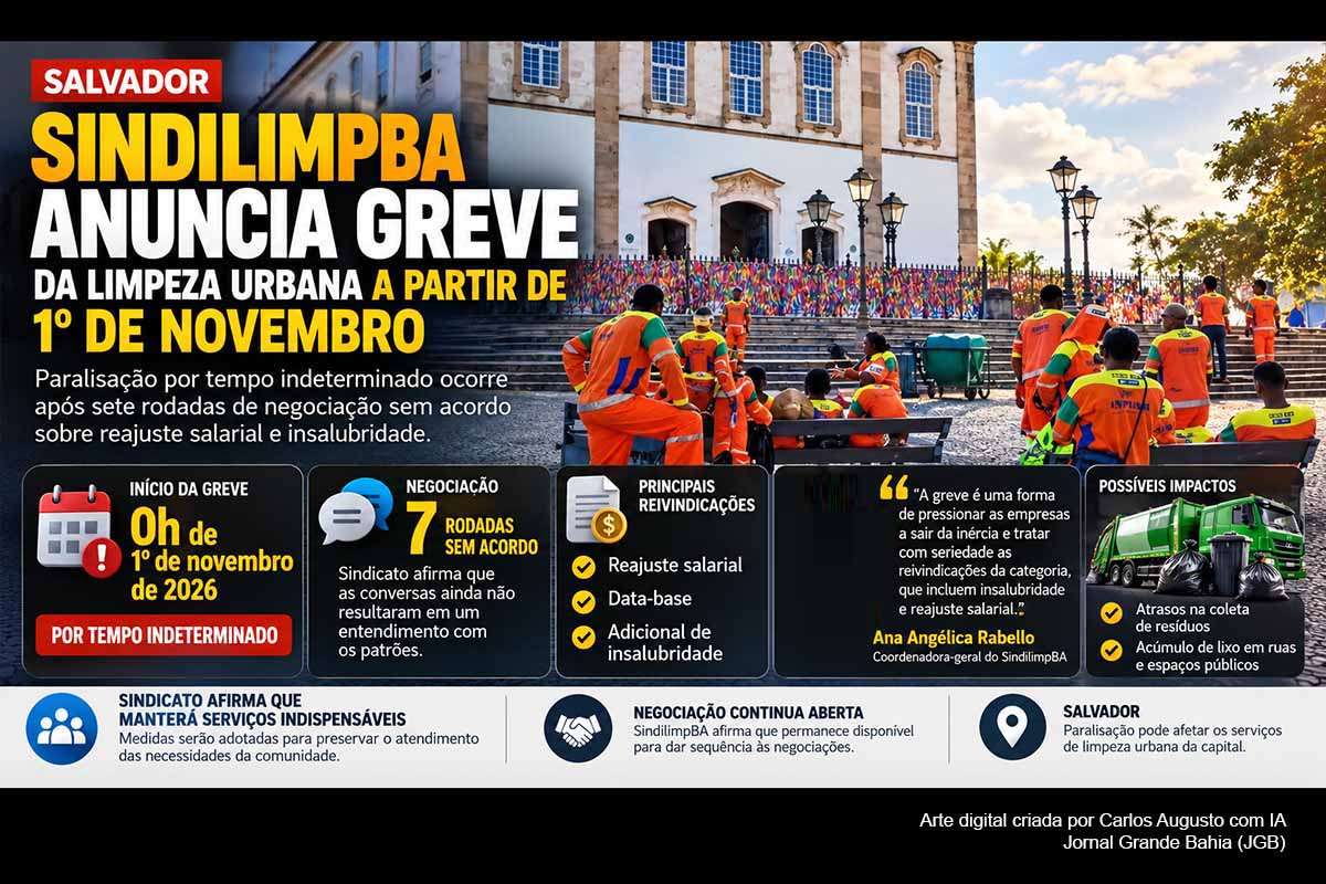 O SindilimpBA anunciou greve por tempo indeterminado da limpeza urbana de Salvador a partir de 0h de domingo (01/11/2026), após sete rodadas de negociação do Acordo Coletivo 2026/2027. A categoria reivindica definições sobre reajuste salarial, data-base e insalubridade. O sindicato afirma que manterá serviços indispensáveis e permanecerá aberto à negociação. Sem acordo, a paralisação poderá afetar a coleta e provocar acúmulo de resíduos na capital.
