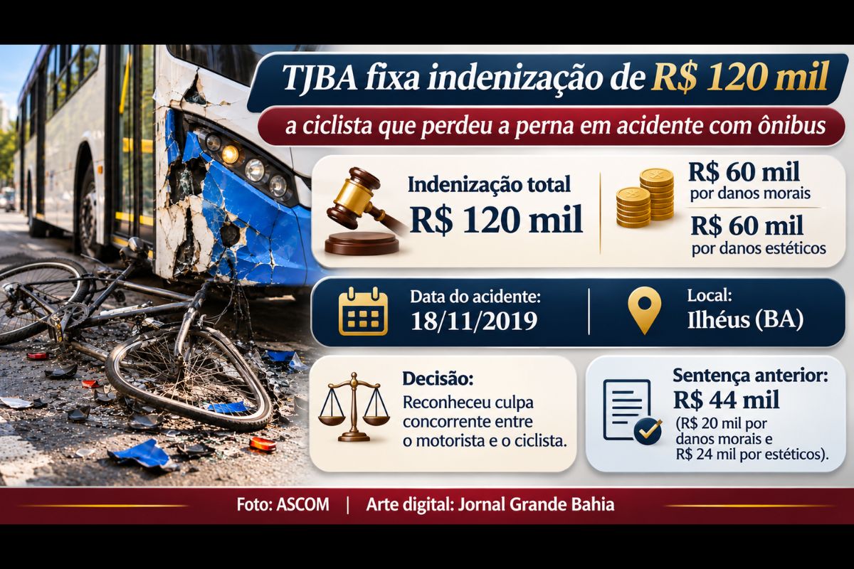 Segunda Câmara Cível reconheceu culpa concorrente entre motorista e ciclista e elevou os valores por danos morais e estéticos após acidente ocorrido em novembro de 2019.