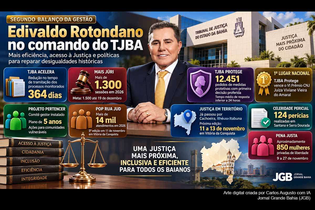 O segundo balanço da gestão do presidente do TJBA, desembargador Edivaldo Rotondano, mostra avanço dos projetos estruturantes entre setembro e outubro de 2026. O Tribunal reduziu prazos de processos antigos, ultrapassou 1.300 júris, recebeu prêmio nacional pela proteção às mulheres e ampliou políticas destinadas à população em situação de rua, comunidades vulneráveis, moradores do interior e mulheres privadas de liberdade, mantendo mecanismos de integridade e gestão por dados.