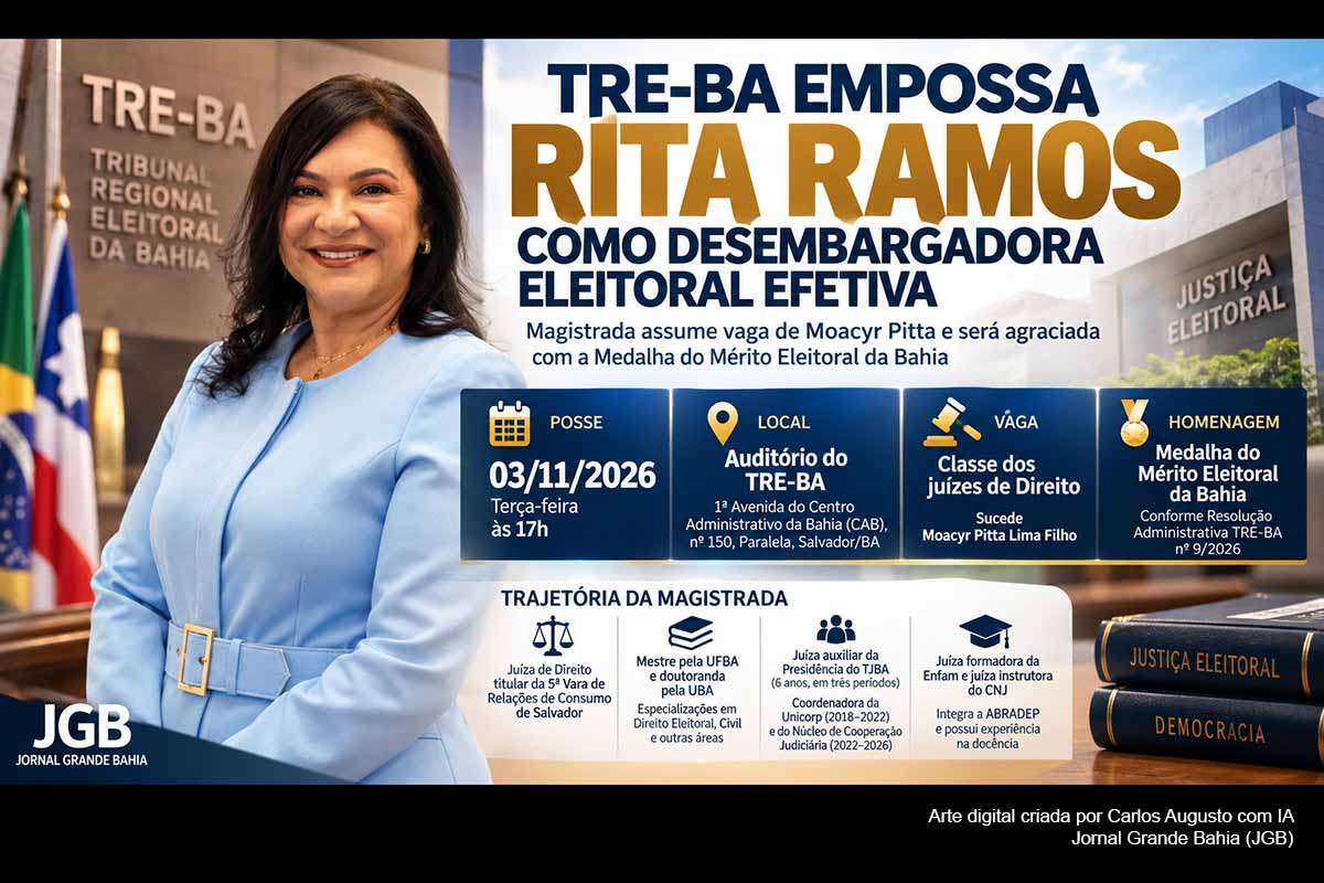 O TRE-BA empossará, em 3 de novembro de 2026, a juíza Rita de Cássia Ramos de Carvalho como desembargadora eleitoral efetiva. Escolhida pelo Pleno do TJBA em 16 de setembro, ela ocupará a vaga deixada por Moacyr Pitta Lima Filho. A magistrada ingressa na Corte durante a fase pós-eleitoral de 2026 e receberá, na cerimônia, a Medalha do Mérito Eleitoral da Bahia.