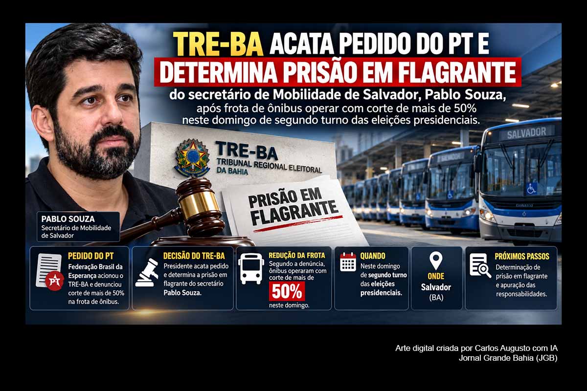 O TRE-BA determinou a recomposição integral da frota de ônibus de Salvador durante o segundo turno, impôs multa de R$ 1 milhão por hora e ordenou a prisão do secretário Pablo Souza. A Federação Brasil da Esperança denunciou veículos retidos em garagens, enquanto a Prefeitura atribuiu atrasos a adesivos eleitorais. Procon-BA encontrou ônibus aptos a circular parados, e o caso seguirá sob apuração eleitoral e criminal.