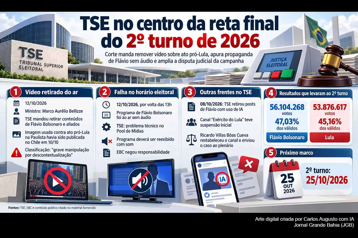 O TSE determinou a retirada de conteúdo divulgado por Flávio Bolsonaro e aliados que associava imagens produzidas no Chile a um ato pró-Lula na Avenida Paulista. No mesmo dia, uma propaganda do candidato do PL foi exibida sem áudio, falha atribuída oficialmente a um problema técnico no Pool de Mídias. Os episódios ampliam a judicialização da campanha antes do segundo turno entre Flávio Bolsonaro e Lula, marcado para 25/10/2026.