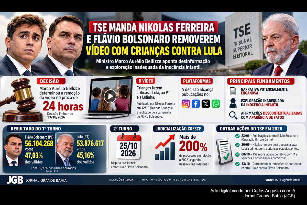 O ministro Marco Aurélio Bellizze, do TSE, determinou que Nikolas Ferreira e Flávio Bolsonaro removam vídeo com crianças criticando Lula, o PT e Lulinha. A decisão aponta narrativa potencialmente enganosa, descontextualização e exploração inadequada da inocência infantil. O caso ocorre na reta final do segundo turno de 25/10/2026, em meio ao crescimento superior a 200% da judicialização eleitoral em comparação com 2022.
