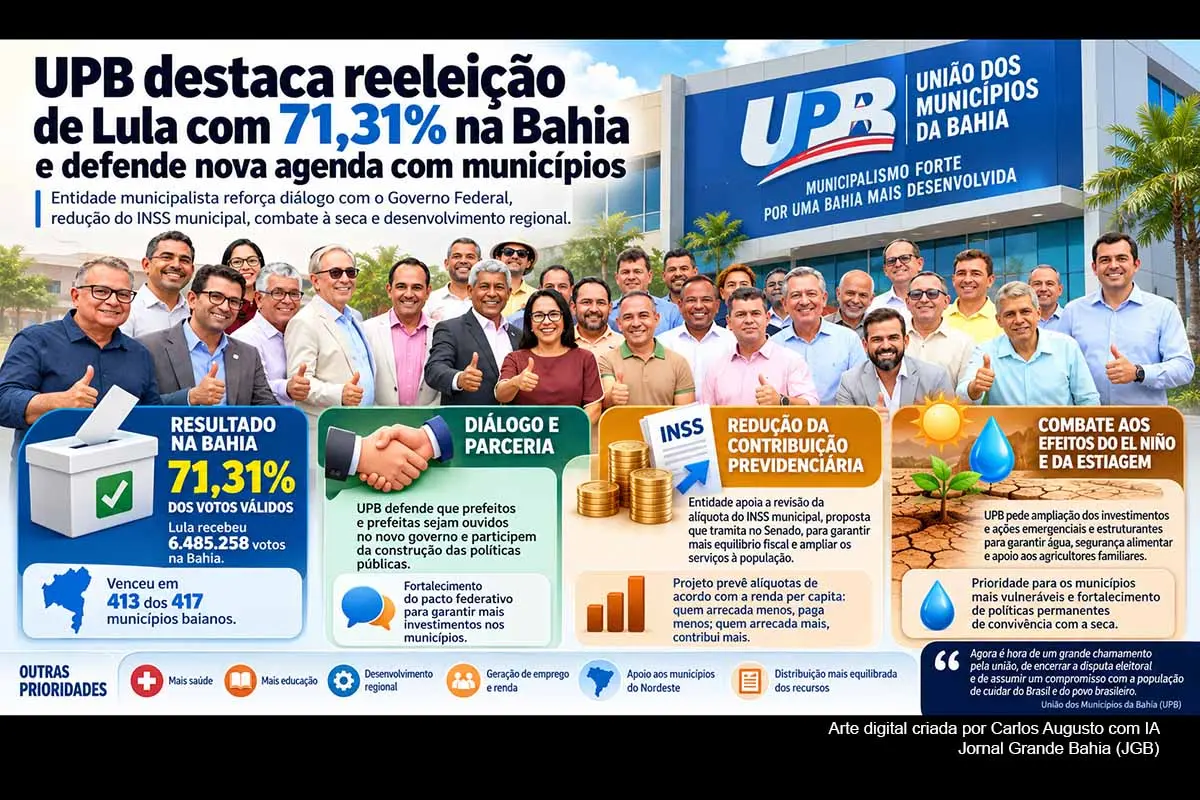 A UPB destacou a reeleição de Luiz Inácio Lula da Silva, que obteve 71,31% dos votos válidos na Bahia, e defendeu uma nova agenda de cooperação com os municípios. Entre as prioridades estão redução da contribuição previdenciária, equilíbrio fiscal, educação e enfrentamento da estiagem. O debate ocorre enquanto o PLP 51/2021 aguarda avanço no Senado e o El Niño amplia riscos climáticos para municípios baianos.