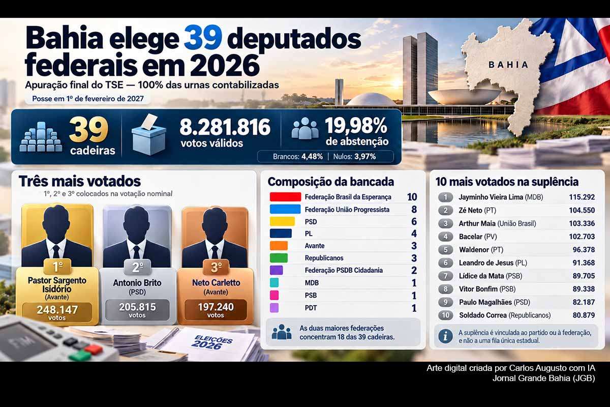 A Bahia elegeu 39 deputados federais nas Eleições 2026. Pastor Sargento Isidório (Avante), Antonio Brito (PSD) e Neto Carletto (Avante) foram os três candidatos mais votados. A nova bancada reúne representantes de partidos e federações como Brasil da Esperança, União Progressista, PSD, PL, Avante e Republicanos. A reportagem apresenta a lista dos eleitos, a distribuição partidária, os cinco candidatos mais votados entre os não eleitos e perfis dos líderes de votação.