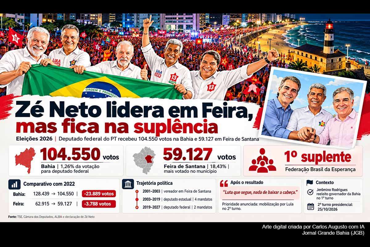O deputado federal Zé Neto recebeu 104.550 votos na Bahia e 59.127 em Feira de Santana, onde liderou a votação para a Câmara, mas não conseguiu renovar o mandato e ficou na primeira suplência da Federação Brasil da Esperança. Após o resultado, reconheceu a queda eleitoral, destacou a reeleição de Jerônimo Rodrigues e anunciou mobilização pela candidatura de Lula contra Flávio Bolsonaro no segundo turno presidencial de 25/10/2026.