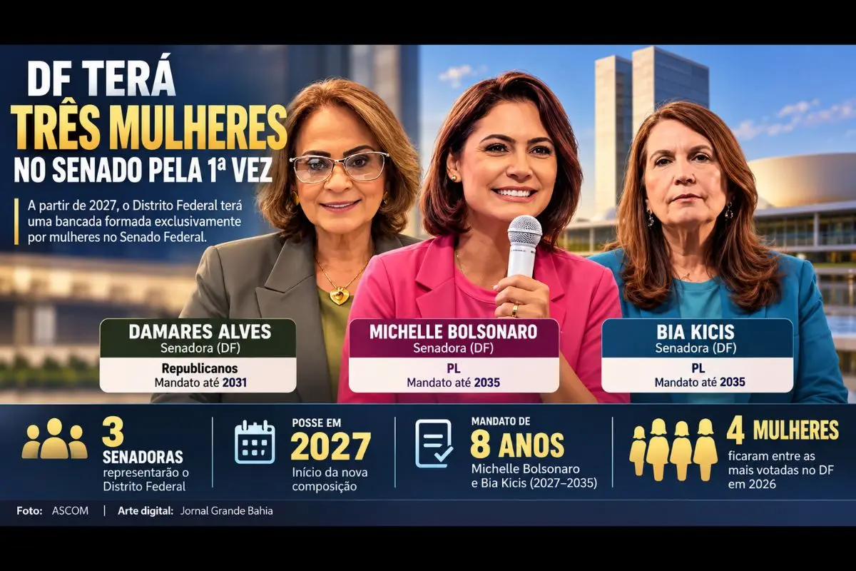 Michelle Bolsonaro e Bia Kicis, ambas do PL, foram eleitas para as duas vagas em disputa no Distrito Federal e se juntarão a Damares Alves, do Republicanos, no Senado.