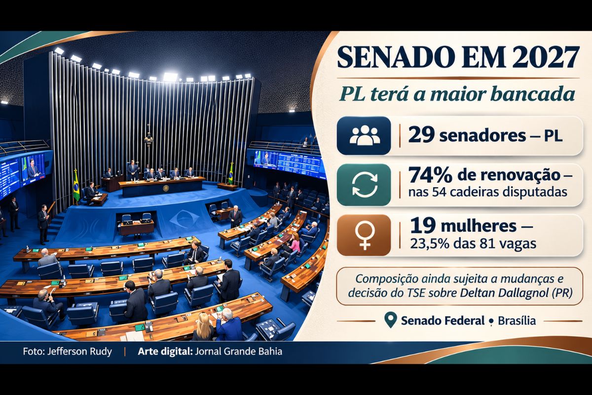 Composição prevista para fevereiro de 2027 terá o PL com 29 senadores, 19 mulheres na Casa e possíveis alterações após decisão do TSE sobre a candidatura de Deltan Dallagnol no Paraná.