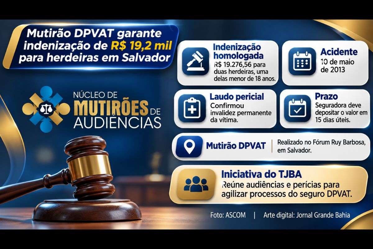 Justiça homologa indenização durante iniciativa do TJBA; seguradora deverá depositar o valor em juízo no prazo de 15 dias úteis.