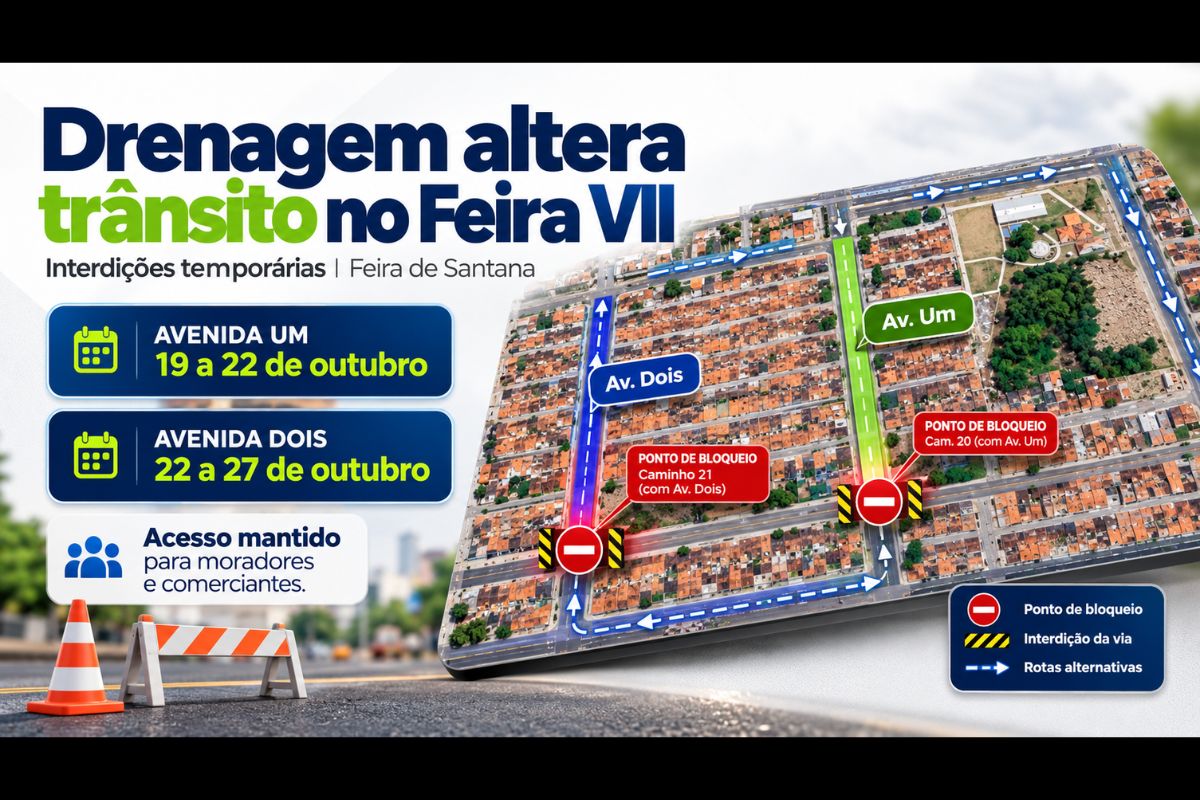 Intervenções nas avenidas Um e Dois ocorrem entre 19 e 27 de outubro, com bloqueios temporários no trânsito e acesso mantido para moradores e comerciantes.