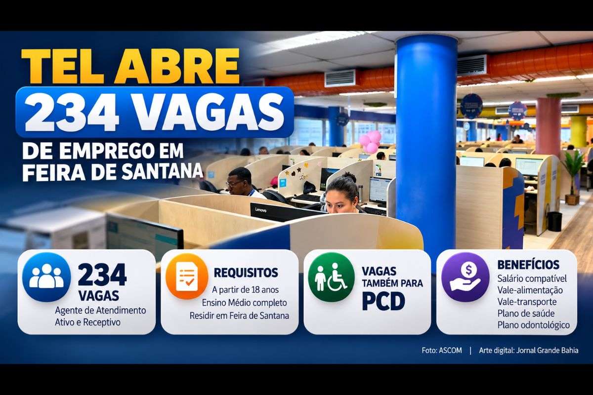 Processo seletivo exige Ensino Médio completo e residência em Feira de Santana; oportunidades também são destinadas a Pessoas com Deficiência (PCD).