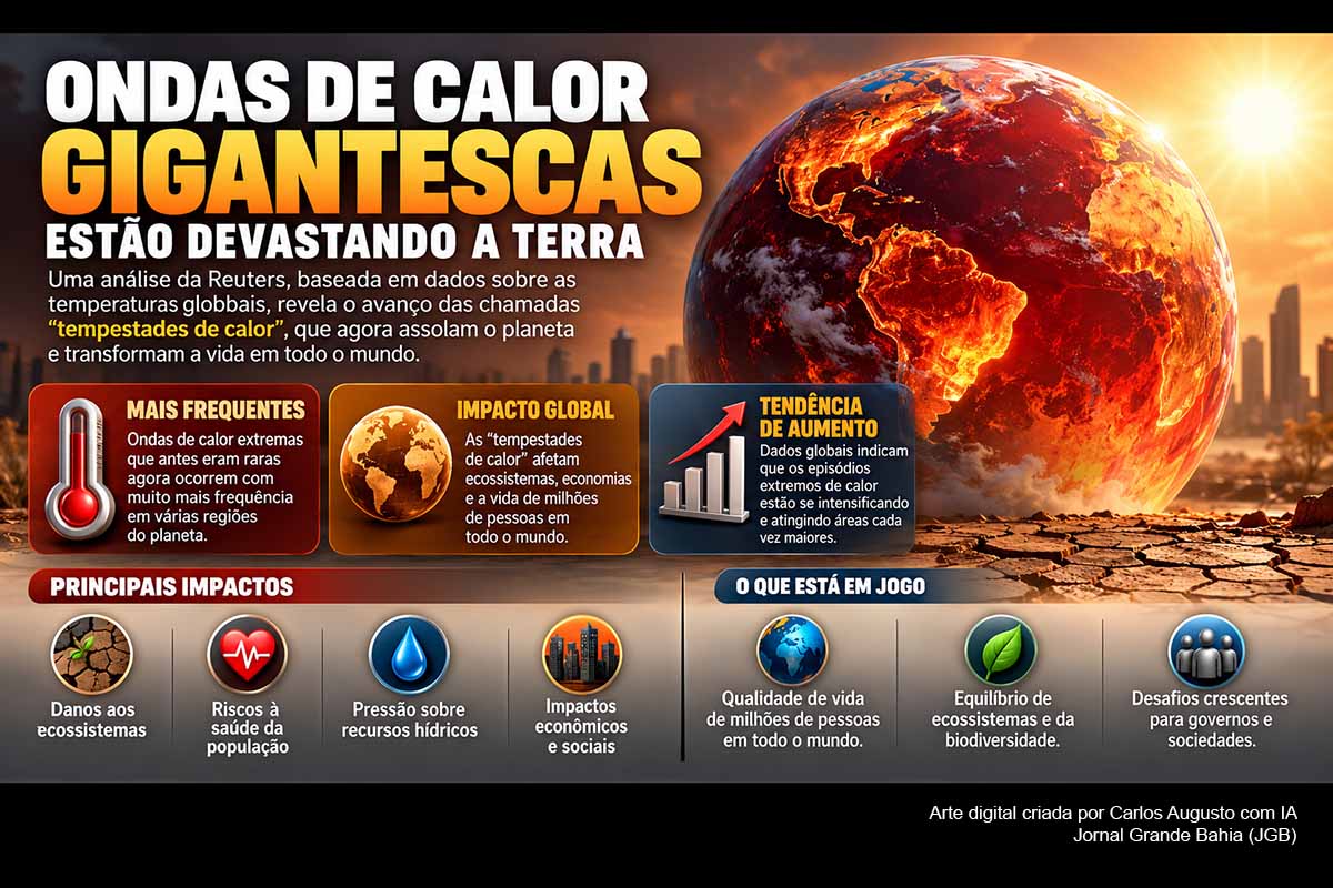 Investigação da Reuters baseada em dados climáticos desde 1960 mostra que grandes ondas classificadas como “tempestades de calor” passaram de cerca de cinco para 102 eventos anuais. Vera percorreu quase 85% do planeta durante 367 dias, enquanto Raimundo superou seu pico simultâneo em 2026. Os impactos atingem saúde, agricultura, biodiversidade e infraestrutura, em cenário agravado pelo aquecimento global e pelo atual El Niño.